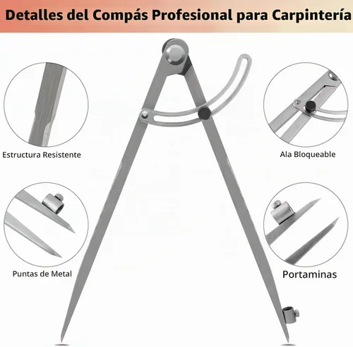 Vista 5 de Compás de 12 pulgadas para geometría, compás para carpintería, compás de carpintería de precisión con divisor de ala y soporte para lápices, compás
