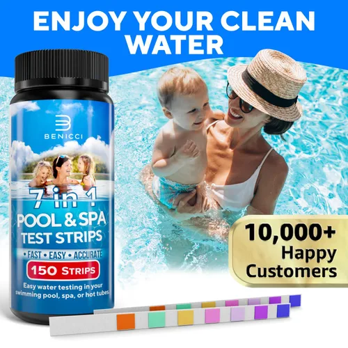 Vista 6 de Tiras de prueba 7 en 1 precisas para piscina, 150 tiras de prueba de spa para bañera de hidromasaje, kit de prueba rápida de agua de piscina, bromo