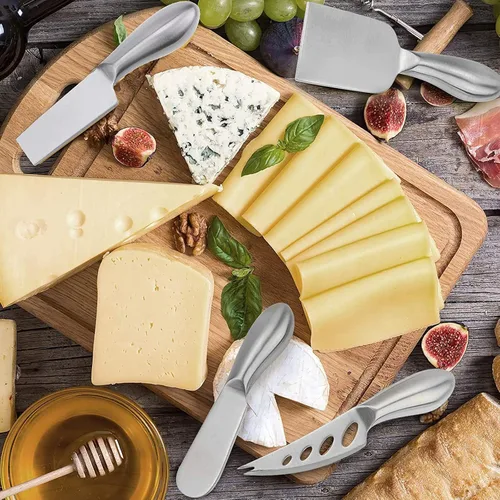Vista 8 de VANRA Juego de 6 cuchillos de queso de acero inoxidable con esparcidor de mantequilla y tenedor para tablas de embutidos y platos de queso