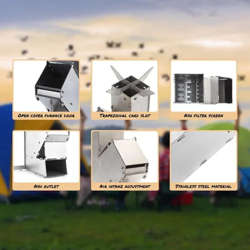Vista 8 de Estufa de leña desmontable para acampar Estufa de cohete Estufa portátil duradera conveniente de acero inoxidable desmontable