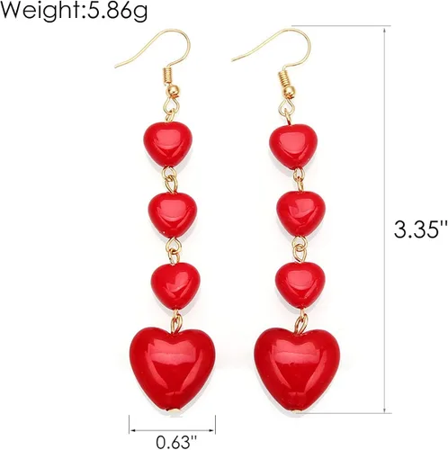 Vista 2 de Pendientes de borla de corazón rojo con cuentas de melocotón y borla larga para mujeres y niñas