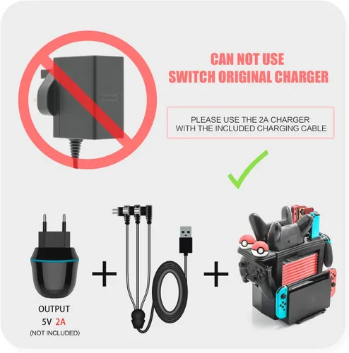 Vista 6 de Cargador de controlador para interruptor, base de carga para Switch 4 Joy-Cons, 4 controladores Pro y 2 controladores Poke Ball Plus, estante