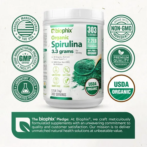 Vista 7 de biophix Polvo de espirulina orgánica, 2.2 libras 100% pura espirulina azul verde algas en polvo, vegano, sin OMG, no irradiado, certificado USDA