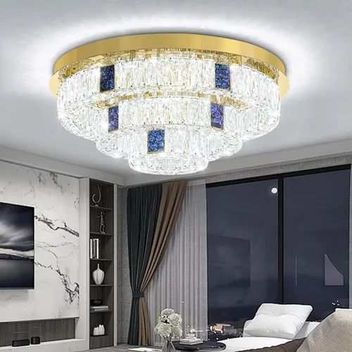 Vista 10 de Candelabro de cristal LED moderno de 32 pulgadas para sala de estar, lámpara redonda de cristal de 3 niveles, lámpara de techo de cristal negro