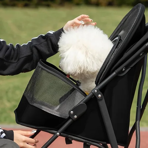 Vista 4 de Cochecito para mascotas para perros pequeños y gatos con ventilación de malla, diseño plegable ligero, portavasos