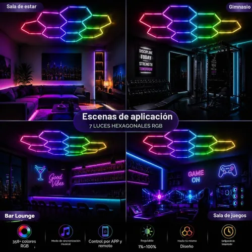 Vista 9 de 25Pack RGB Hexagon Lights,Music Sync 5Hex LED Hexagon Lights,RGB 358 Kinds of Changes Dimmable Speed-Adjustable DIY Color-Changing Lights Smart App