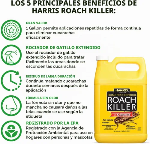 Vista 3 de Harris Roach Killer, spray líquido con fórmula residual extendida de 12 meses sin olor y sin manchas (galón)