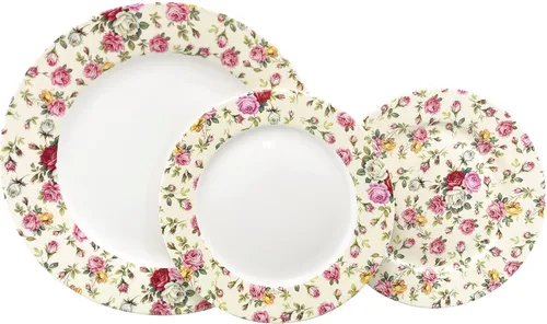 Vista 3 de Gracie China by Coastline Imports Juego de 4 platos llanos color crema rosa chintz, 10.5 pulgadas, rosa amarillo (RS33707CR/S4)