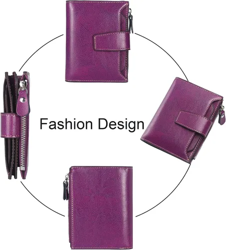 Vista 3 de Lavemi Pequeña cartera compacta para mujer, con bloqueo RFID, de piel auténtica, plegable, con ventanas de identificación