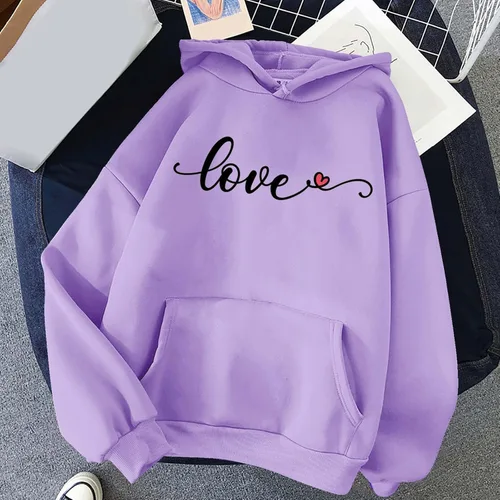 Vista 4 de Sudaderas con capucha para mujer, con estampado de corazón, manga larga, ligera, holgada, casual, lisa, para adolescentes y niñas