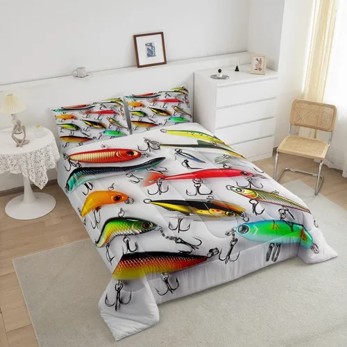 Vista 4 de Erosebridal Juego de ropa de cama de pesca tamaño individual, juego de edredón de peces coloridos para niños, adolescentes, hombres, pescadores