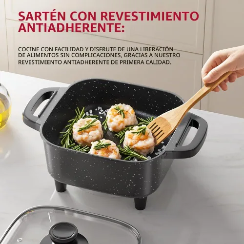 Vista 2 de AORAN - Sartén eléctrica con tapa, sartén eléctrica multifuncional para freír, asar a la parrilla, hervir y cocinar, antiadherente, compacta, fácil