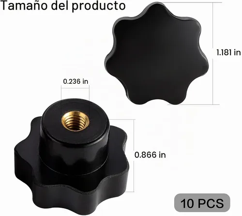 Vista 2 de Pomo de sujeción de rosca moleteada M6 de 7 estrellas, pomos de mano en forma de estrella, pomos de mano de plástico negro con sujeción a rosca