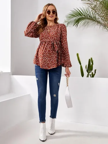 Vista 5 de MakeMeChic Camisa de maternidad para mujer, diseño floral, manga larga, con cinturón, peplum