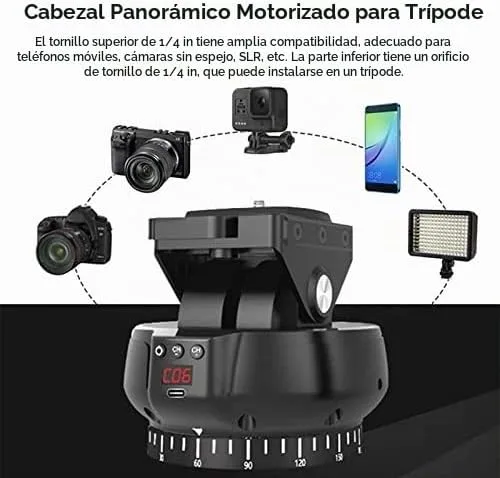 Vista 5 de Cabezal de trípode para cámara electrónica 2.4G, cabezal de trípode panorámico motorizado + rotación de 360° + inclinación ±35° + control remoto