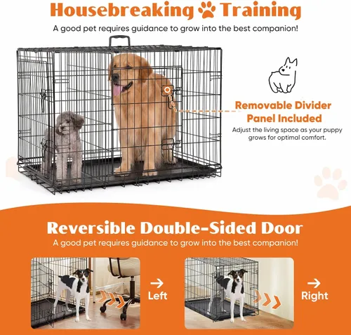 Vista 4 de Sweetcrispy - Jaula grande para perros con panel divisor, de 91 cm, de doble puerta, plegable, de alambre de metal, con bandeja antiderrame