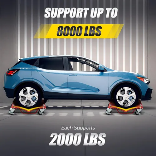 Vista 2 de TUFFIOM Juego de 4 carros para automóvil, 8000 libras de capacidad, carrito de vehículos resistentes, patines de neumáticos de acero con frenos