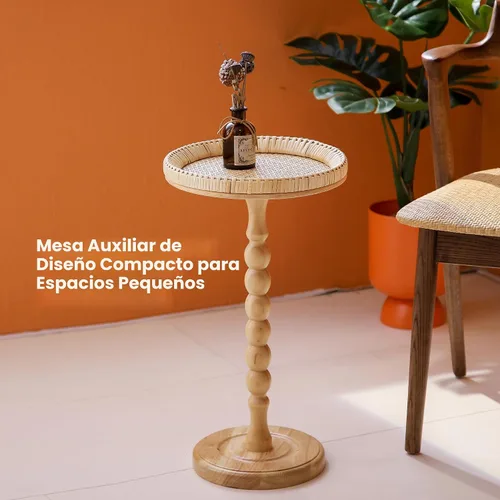 Vista 8 de Mesa auxiliar redonda de ratán pequeña para espacios pequeños, mesa auxiliar circular bohemia con patas de madera maciza para sala de estar, mesa