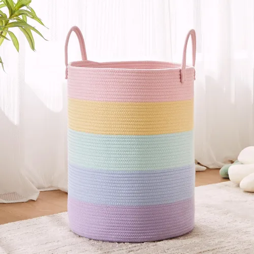Vista 8 de 38x51 cm de alto cesta de lavandería de cuerda de algodón verde, cesta tejida para ropa y cobijas, almacenamiento en dormitorio, sala de estar