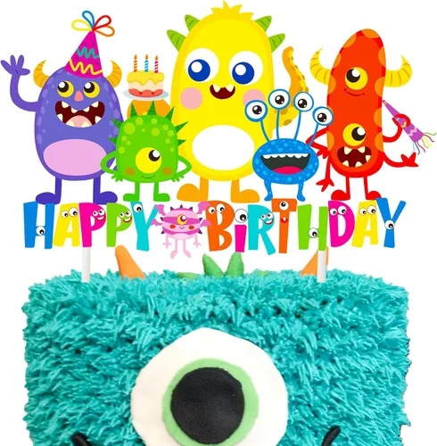 Vista 2 de Decoración de pastel de cumpleaños de monstruo, suministros de fiesta de cumpleaños, decoración de pastel de monstruo pequeño para niños, temática