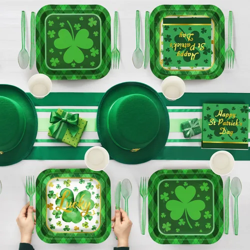 Vista 5 de Juego de vajilla de 200 piezas para fiesta del Día de San Patricio, juego de vajilla de trébol verde para 25 invitados, a cuadros, trébol