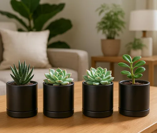 Vista 5 de D'vine Dev Juego de 4 macetas pequeñas de cerámica, maceta para suculentas de 3.5 pulgadas para plantas con orificio de drenaje y platillo