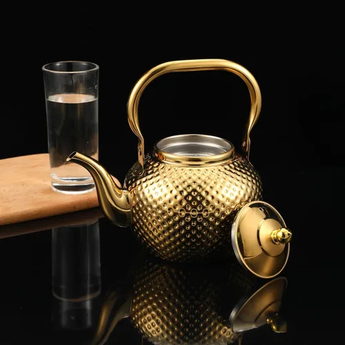 Vista 7 de Tetera para estufa, hervidor de té de acero inoxidable de grado alimenticio, tetera de metal de 2.1 cuartos de galón con colador para té fácil, Oro