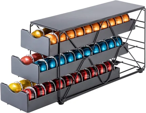 Vista 3 de FlagShip Nespresso Vertuo - Soporte para cápsulas de 60 cápsulas grandes, capacidad de 3 niveles Vertical Design Saves Counter Space Black Sturdy