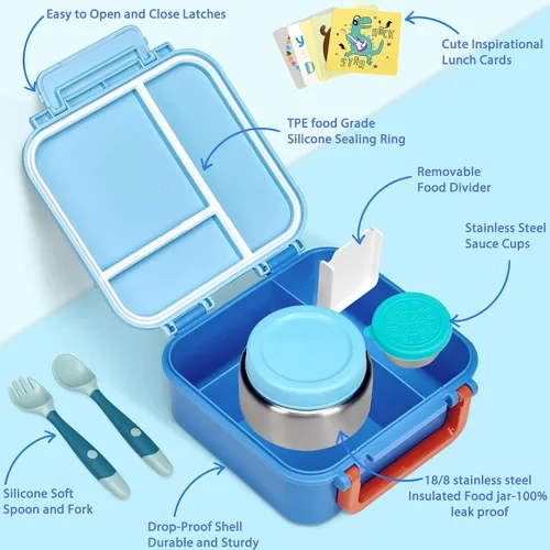 Vista 2 de Lonchera Bento para niños con contenedor térmico de sopa de 9 onzas, a prueba de fugas, 4 compartimentos con tarro de comida caliente aislado
