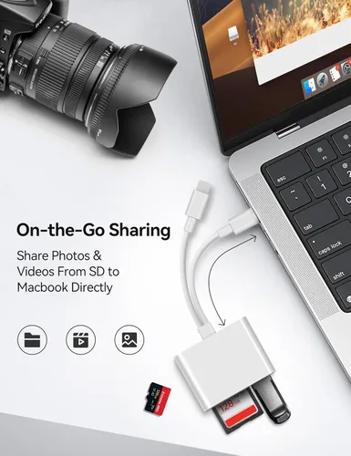 Vista 4 de Lector de tarjetas SD para iPhone iPad Lightning USB-C Adaptador de tarjeta de memoria de doble conector con ranuras dobles y puerto USB Visor