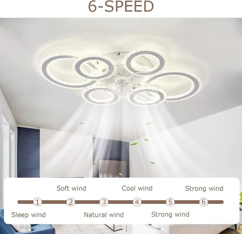 Vista 3 de Lámpara de techo inteligente de 76 cm con ventilador y motor CC de 6 marchas, ventilador de techo reversible silencioso con luz LED regulable