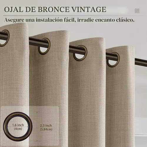 Vista 3 de Cortinas de Lino Taupe de 96 Pulgadas de Largo para Sala de Estar con Ojales de Bronce Estilo Rústico de Granja Semi Transparentes con Filtrado