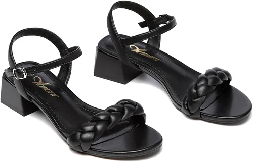 Vista 4 de Athlefit Sandalias trenzadas de tacón bajo para mujer, puntera abierta, correa en el tobillo, tacón grueso, zapatos de tacón grueso para vestir