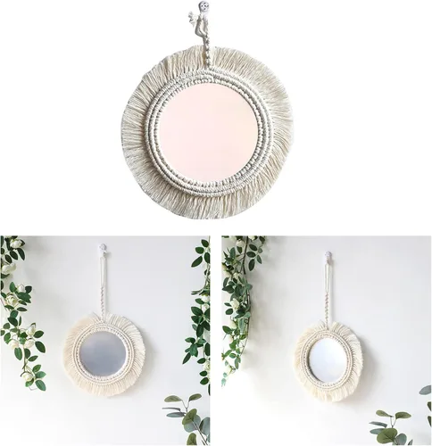 Vista 3 de Espejo de pared de macramé con flecos redondos para dormitorio, apartamento, entradas, decoración del hogar, espejo de pared