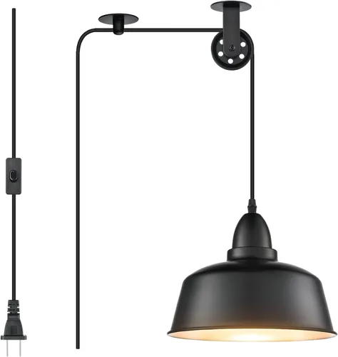 Vista 11 de Lámpara Colgante Enchufable, Luces Colgantes de Granja Verdes con Cable Enchufable, Lámpara Colgante de Polea, Accesorio de Luces Colgantes