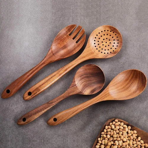 Vista 3 de GUDAMAYE - Juego de utensilios de cocina de madera, 6 cucharas de madera para cocinar, utensilios de cocina de madera, cucharas de madera de teca