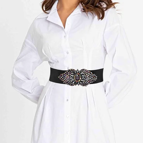 Vista 6 de Wriidy Cinturón elástico con diamantes de imitación, cinturón de vestir ancho negro, cinturones elásticos para mujer, accesorios de joyería