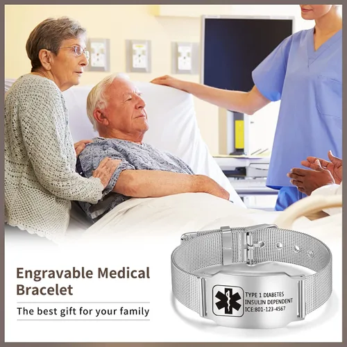 Vista 5 de Lam Hub Fong Pulseras médicas de emergencia grabadas gratuitas personalizadas para hombres y mujeres, ajustables, de doble cara, pulseras
