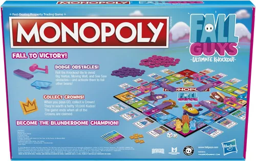 Vista 5 de Monopoly Fall Guys Ultimate Knockout Edition Juego de mesa para jugadores de 8 años en adelante, Dodge Interactive Obstáculos, incluye Troquel