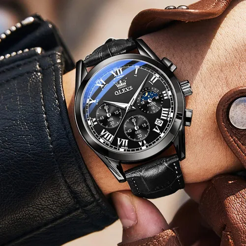 Vista 3 de OLEVS Reloj para hombres cronógrafo marrón cuero oro caso analógico cuarzo moda negocios vestido grande hombres reloj día fecha luminoso impermeable
