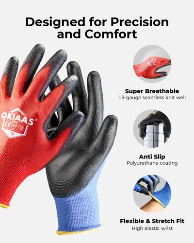 Vista 2 de OKIAAS Guantes de trabajo ultrafinos y ligeros para hombre con agarre, 12 pares, color negro, talla S