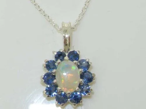 Vista 4 de Señoras plata de ley 925sólida Ornate Natural Opal & Blue Sapphire Collar con Colgante de Oval