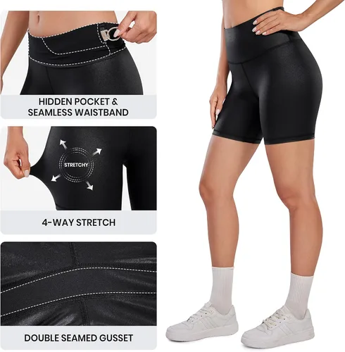 Vista 4 de CRZ YOGA Matte Faux Leather Shorts for Women 6 - Stretch High Waisted Spandex Biker Shorts Workout Yoga Short Leggings