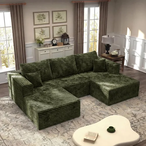 Vista 54 de Sofá modular en forma de L de 118 pulgadas, moderno sofá modular de pana de espuma viscoelástica de 4 plazas con otomana, asiento profundo tapizado