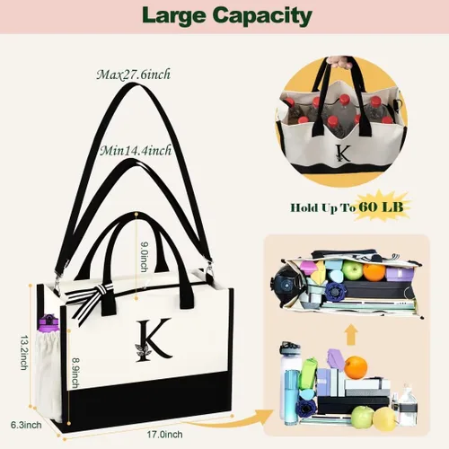 Vista 4 de AUNOOL Bolsa de playa con inicial con cremallera y bolsillos, regalos con monograma para mujeres, regalos personalizados para profesores, mamá