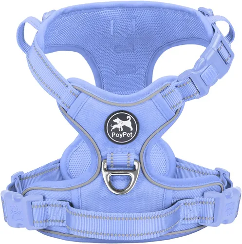 Vista 16 de PoyPet - Arnés de perro sin tirones, arnés reflectante con 2 clips delanteros y traseros y asa de fácil control para perros pequeños, medianos
