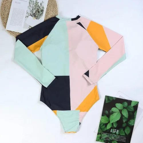 Vista 5 de Traje de baño de una pieza con estampado de manga larga con cremallera para mujer