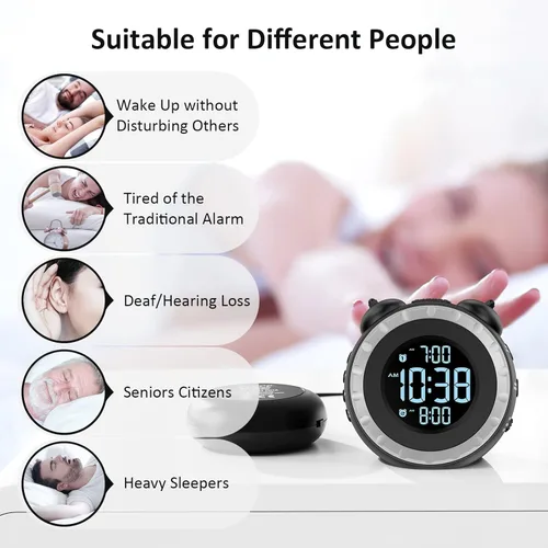 Vista 8 de uscce Reloj despertador fuerte dual con agitador de cama - Atenuador 0-100%, reloj despertador vibratorio para personas que duermen pesadas