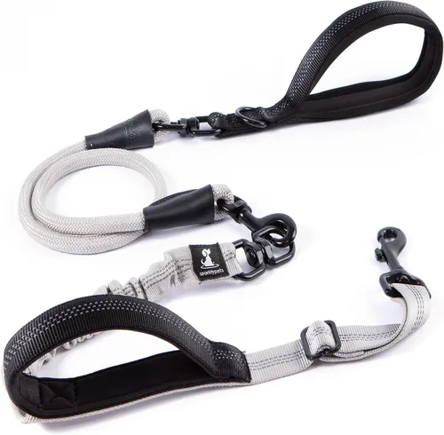 Vista 7 de Correa doble premium para dos perros, absorción de golpes, antitirón, doble correa para razas medianas y grandes con accesorio de correa doble