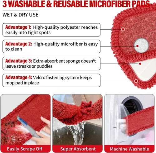 Vista 6 de Trapeador de microfibra para limpieza de suelos con 3 almohadillas lavables 700ML refillable bottle, 360° swivel head, scrubber included, wet/dry